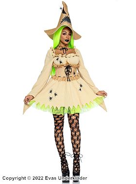 Witch, costume dress, lacing, long sleeves, ruffle trim, spider